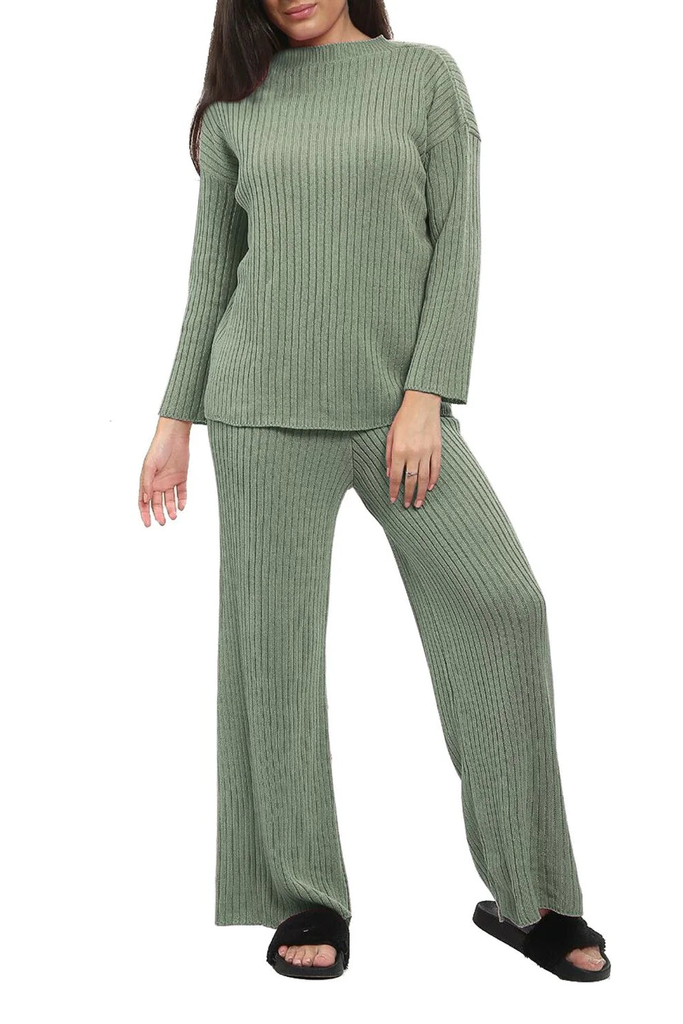Ladies Ribbed Polo Neck Top and Leggings Loungewear Set