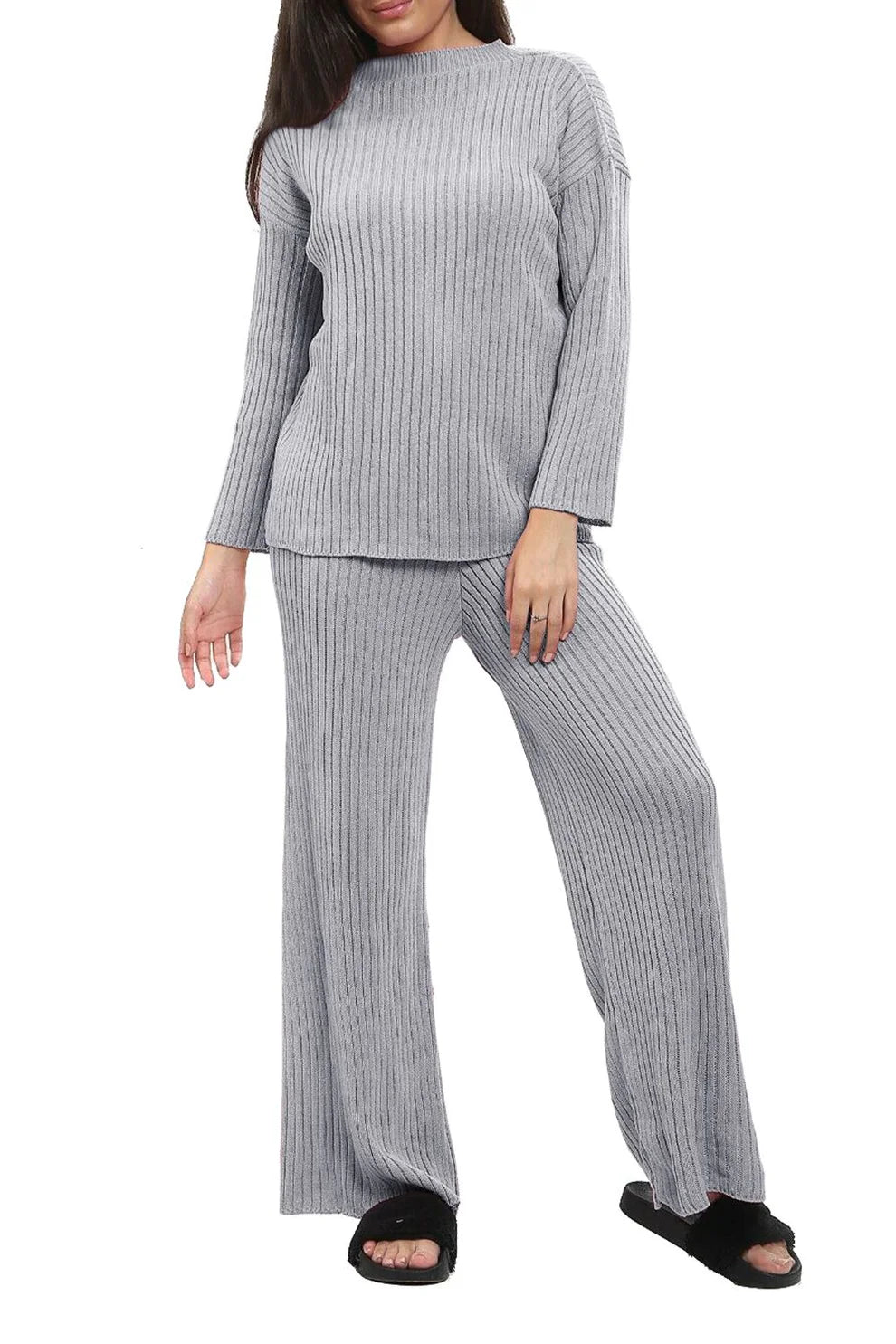 Ladies Ribbed Polo Neck Top and Leggings Loungewear Set
