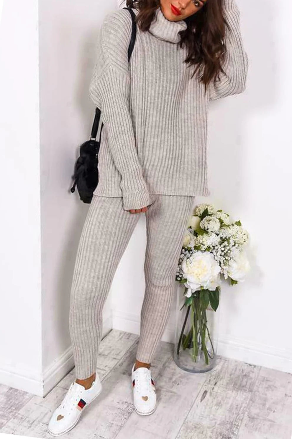 Ladies Ribbed Polo Neck Top and Leggings Loungewear Set