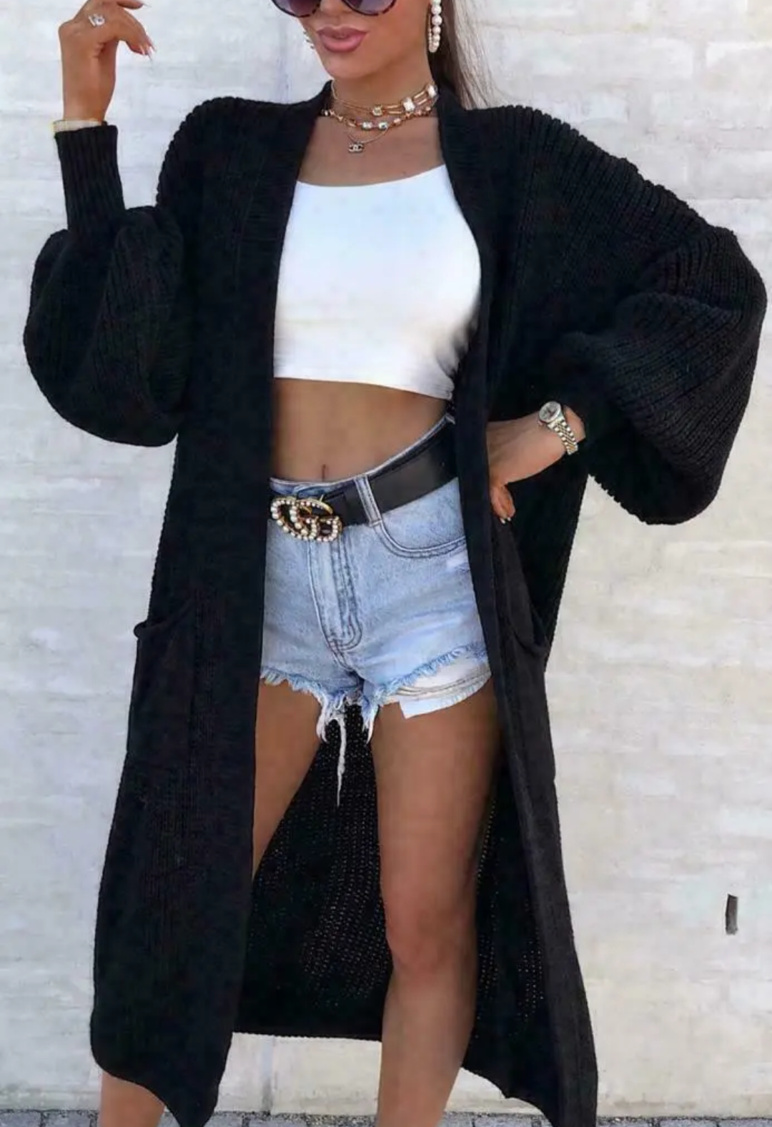 Long Balloon Sleeve Knitted Cardigan