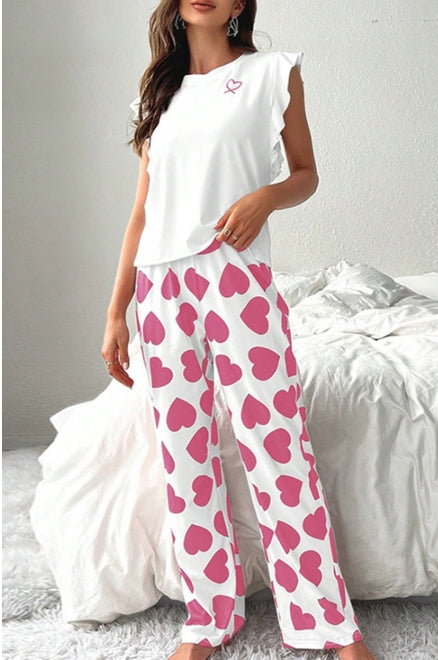Pink Ruffled Tank Top And Heart Print Pants Lounge Set