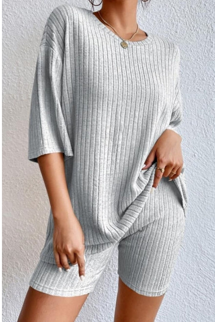 Plain Ribbed Loose Fit Two Piece Lounge Set
