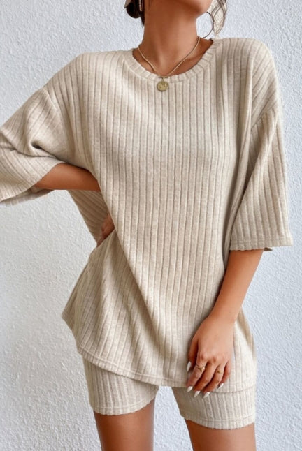 Plain Ribbed Loose Fit Two Piece Lounge Set
