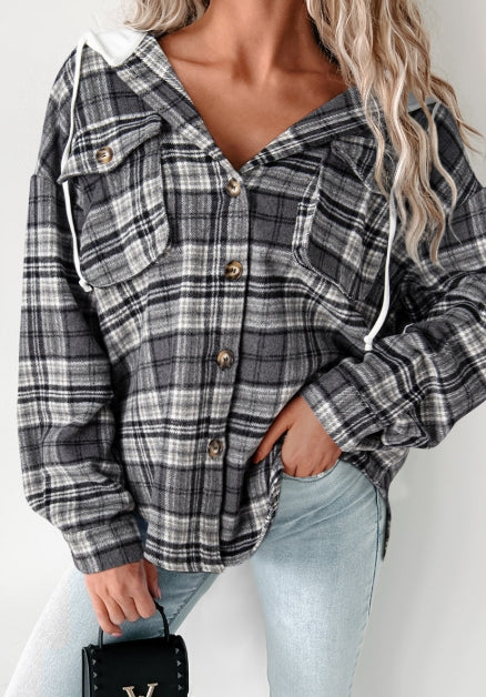 Black Plaid Print Hooded Loose Shacket