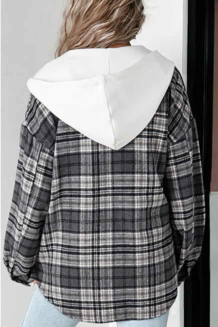 Black Plaid Print Hooded Loose Shacket