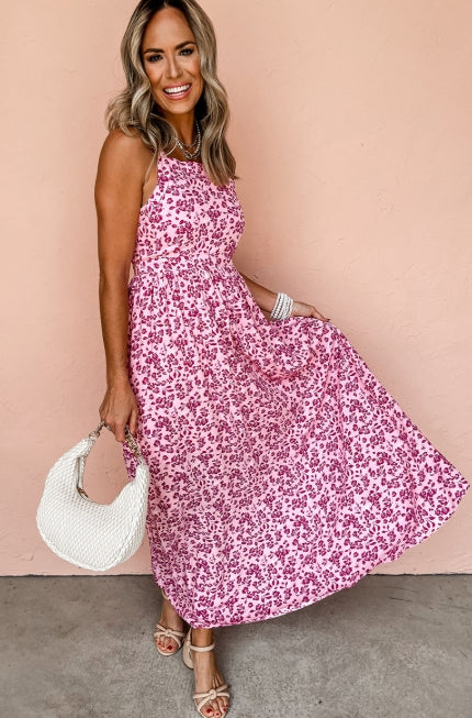 Pink Floral Cutout Back Sleeveless Maxi Dress