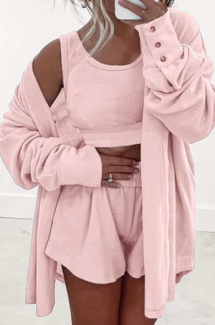 Light Pink 3 Pcs Crop Tank Top Shorts with Cardigan Lounge Set
