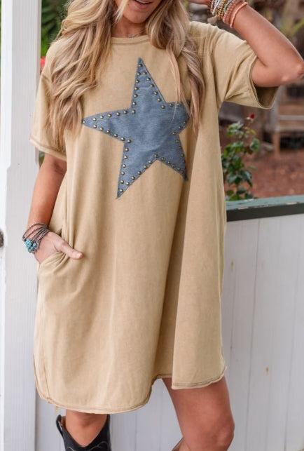 Mineral Wash Stud Beaded Star Pocketed T Shirt Dress