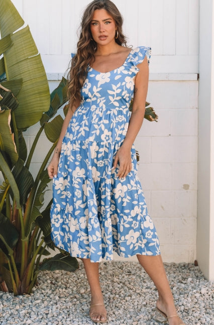 Sky Blue Floral Flutter Shoulder Flowy Midi Dress