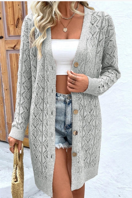 Gray Hollow Out Buttons Front Long Cardigan