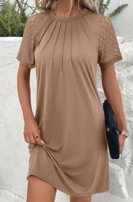 Contrast Lace Raglan Sleeve Pleated Detail Shift Dress