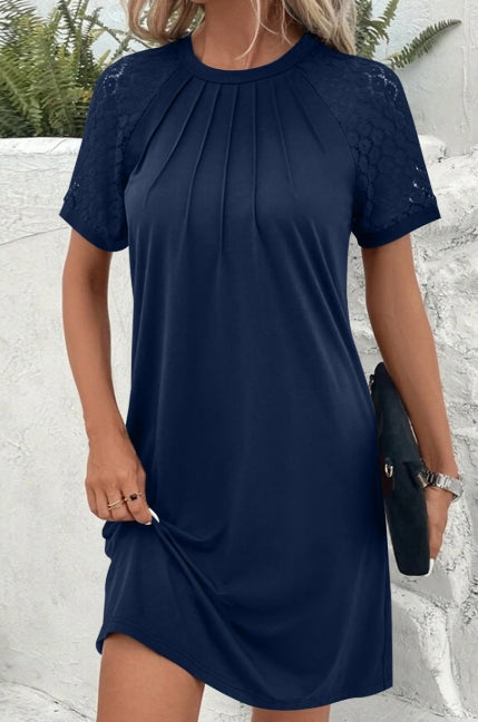 Contrast Lace Raglan Sleeve Pleated Detail Shift Dress
