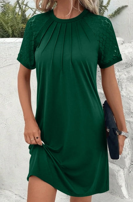 Contrast Lace Raglan Sleeve Pleated Detail Shift Dress