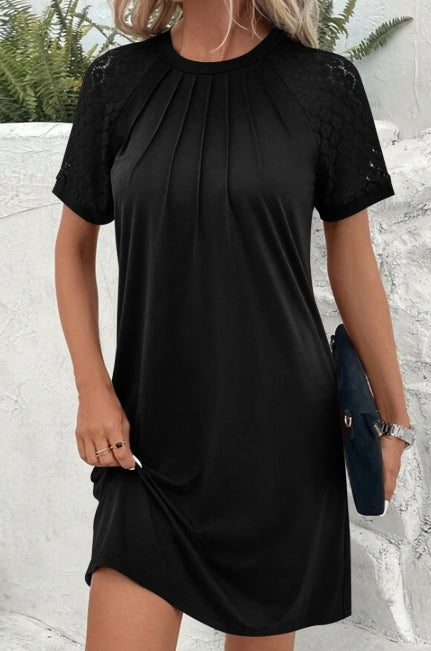 Contrast Lace Raglan Sleeve Pleated Detail Shift Dress