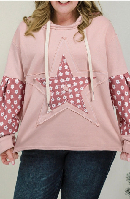 Star Patch Graphic Floral Drawstring Hoodie