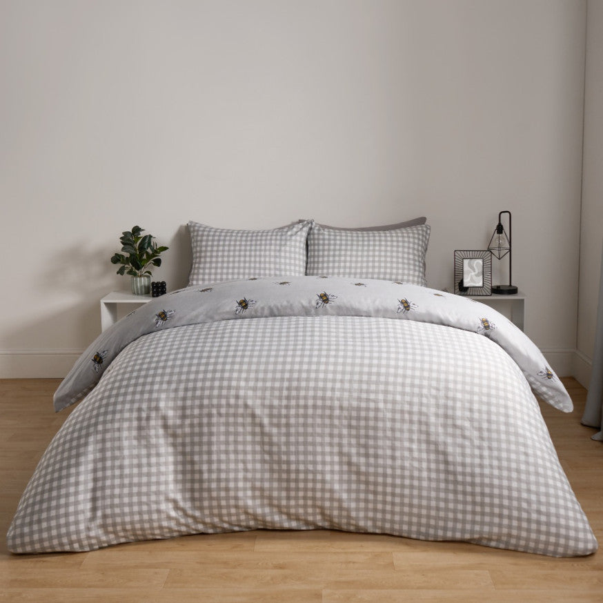 Bee Print Reversible Gingham Duvet Cover Set - Grey