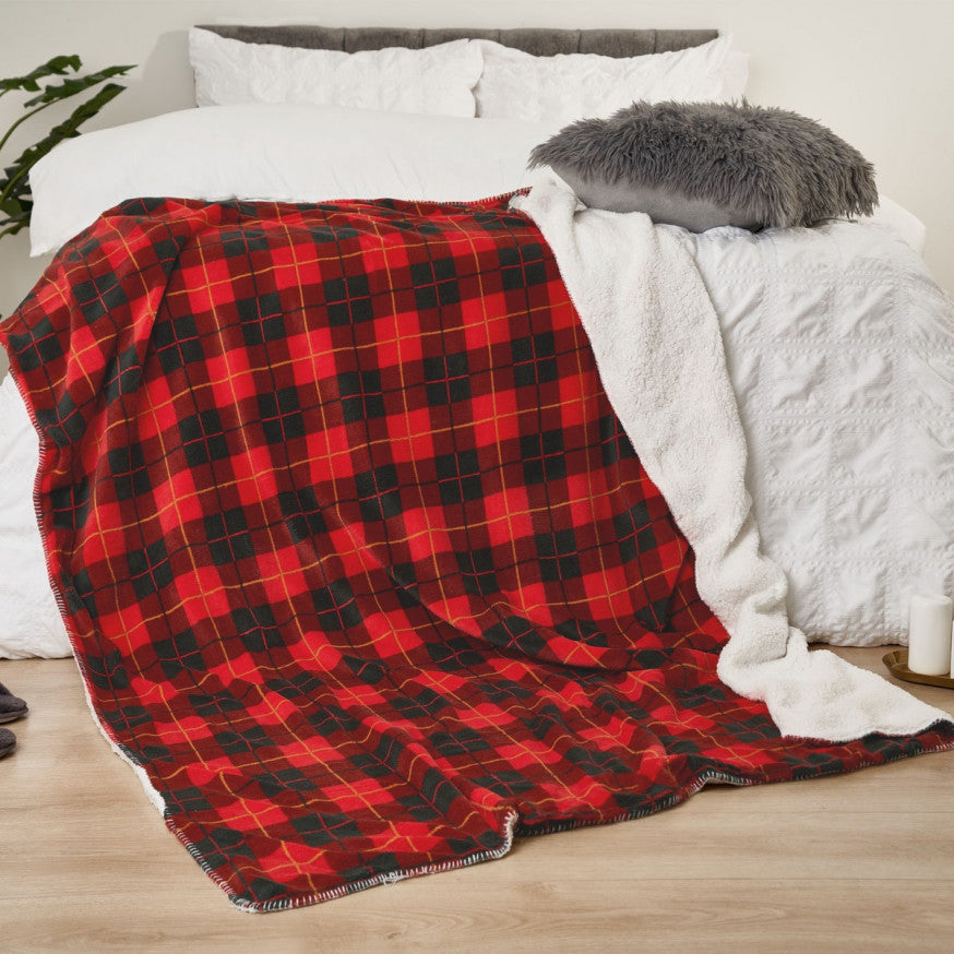 Large Tartan Sherpa Flannel Fleece Throw Blanket, Check Red - 150 x 180cm