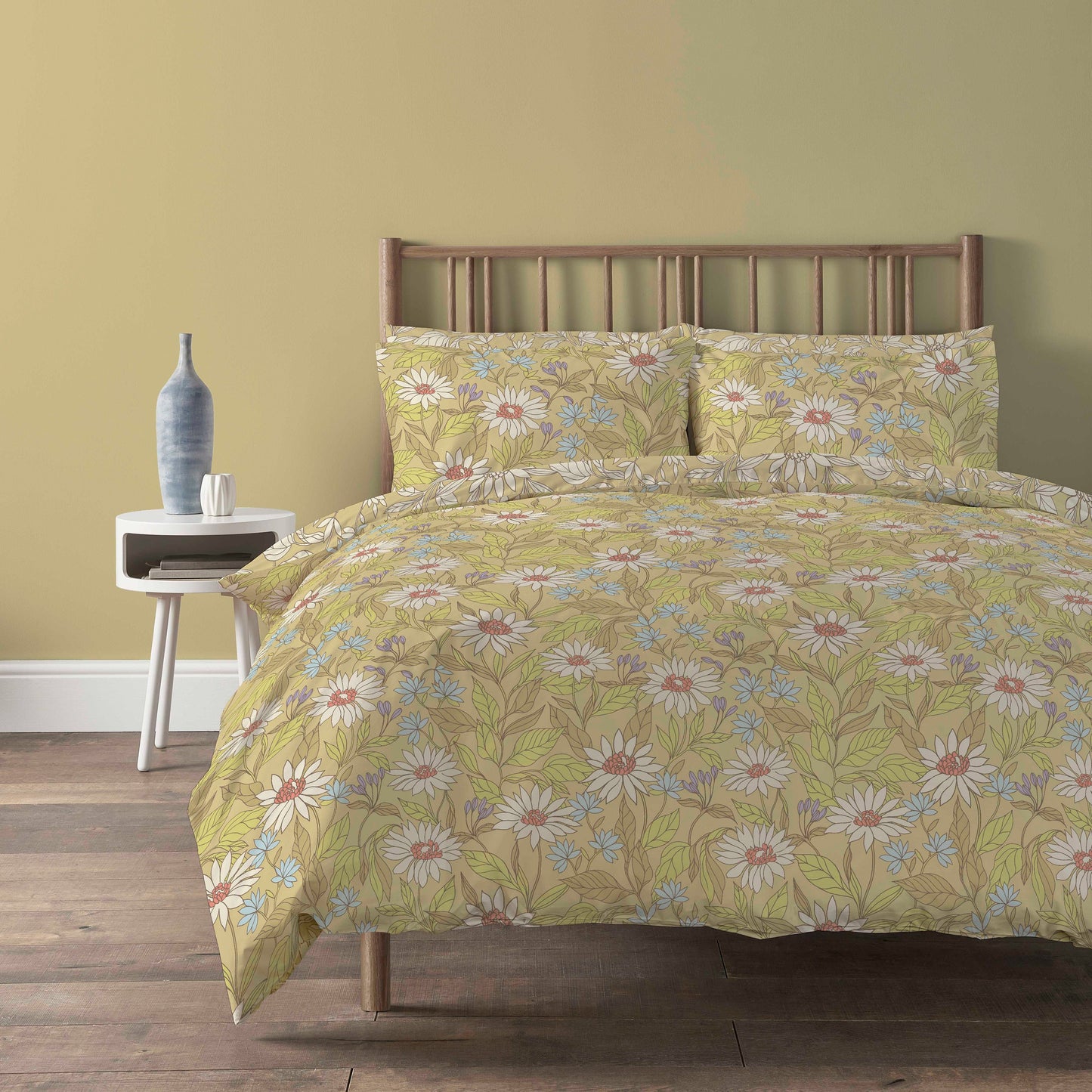 Elinor Ochre Duvet Cover Set Super Soft Floral Printed Bedding with Pillow Cases