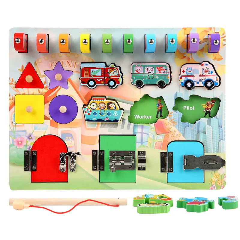 Montessori Early Education Fishing Lock Opening Toys Busy Board Baby Intelligence Development Wooden Educational Toys For Toddlers