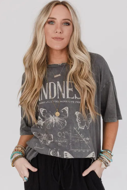 Dark Grey Kindness Butterflies Graphic Mineral Wash Loose Tshirt