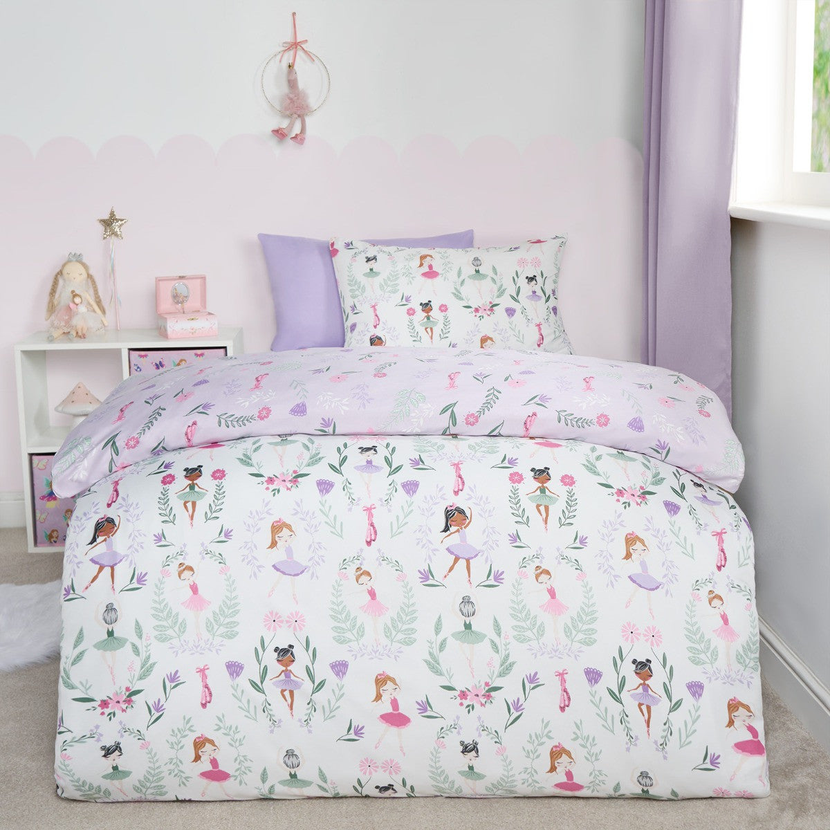 Kids Ballerina Print Reversible Duvet Cover Set - Lilac/White