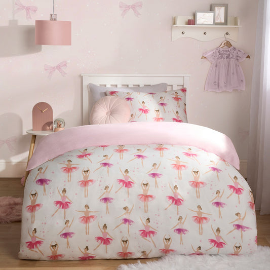 Kids Ballerina Print Reversible Duvet Cover Set - Pink/White