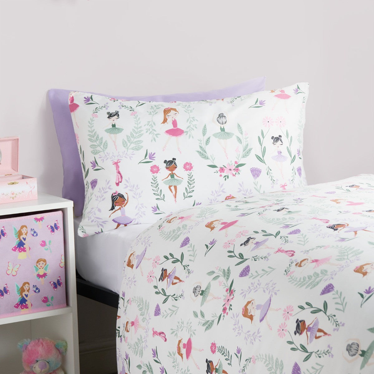 Kids Ballerina Print Reversible Duvet Cover Set - Lilac/White
