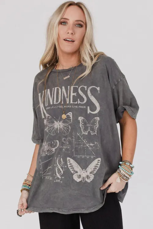 Dark Grey Kindness Butterflies Graphic Mineral Wash Loose Tshirt