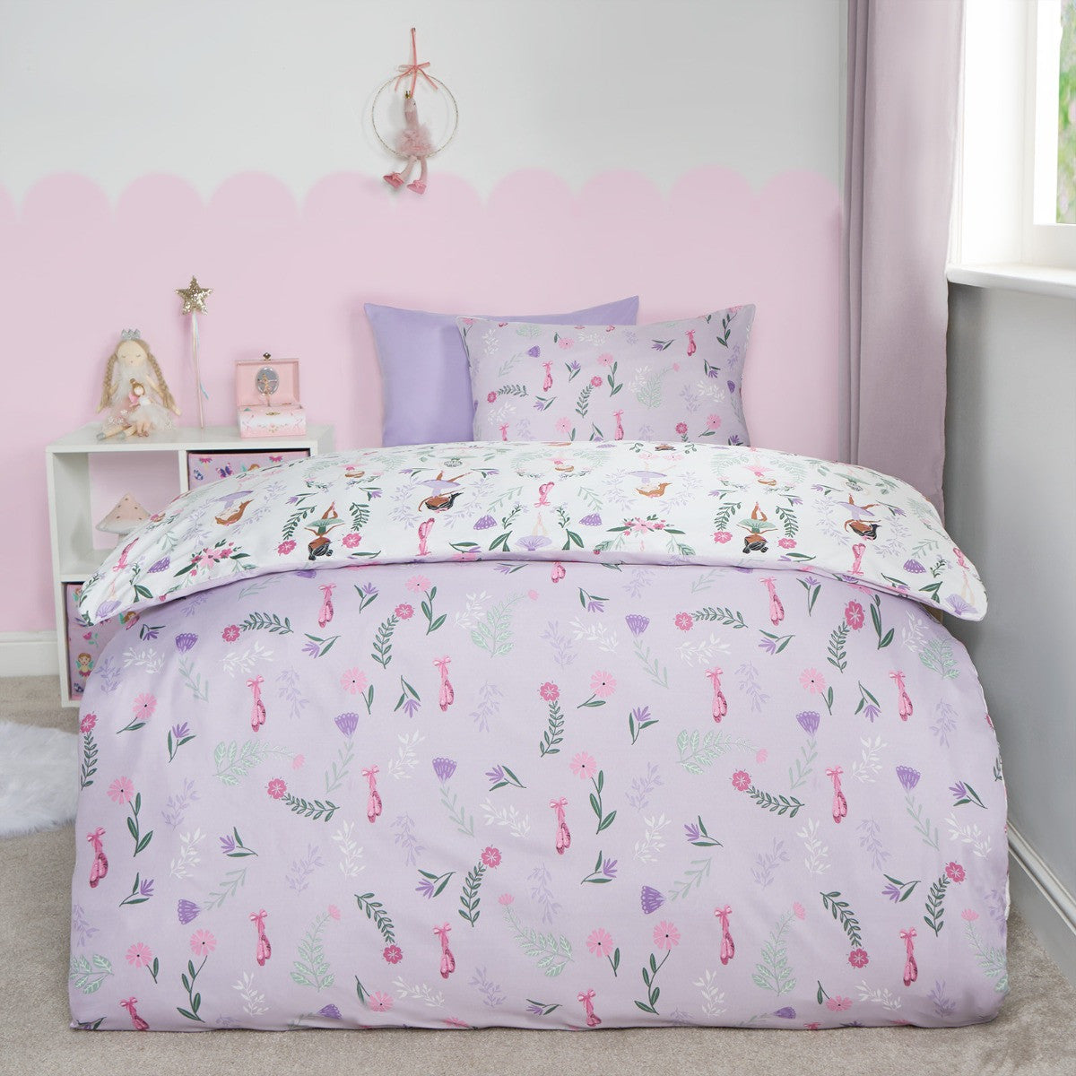 Kids Ballerina Print Reversible Duvet Cover Set - Lilac/White