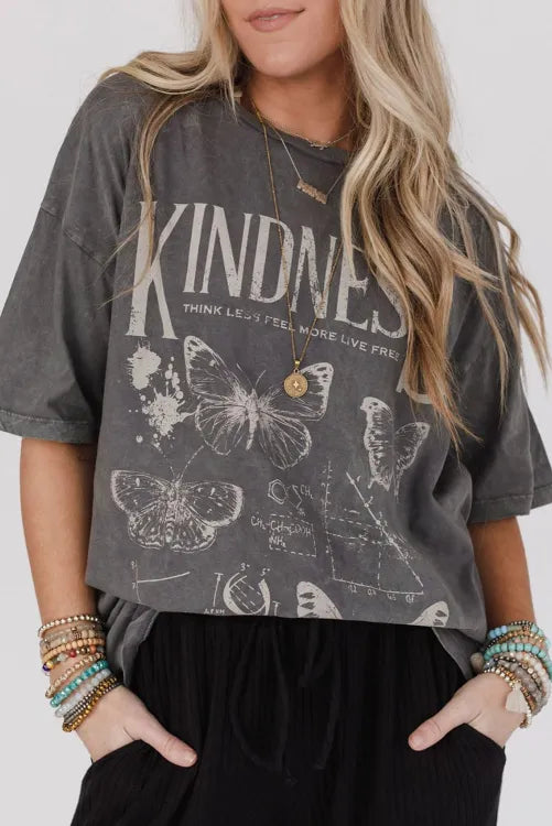 Dark Grey Kindness Butterflies Graphic Mineral Wash Loose Tshirt