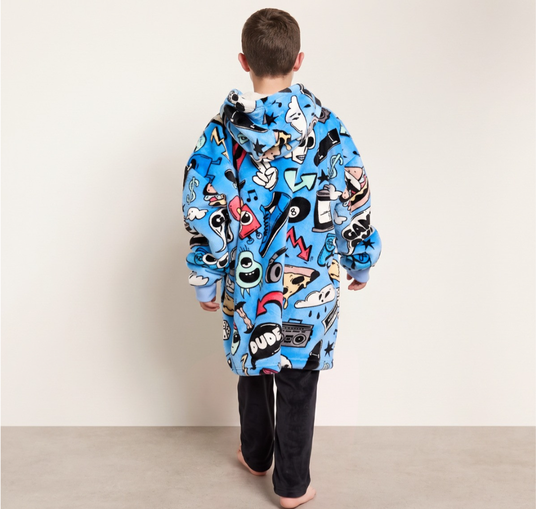 Kids Cartoon Print Hoodie Blanket - Blue