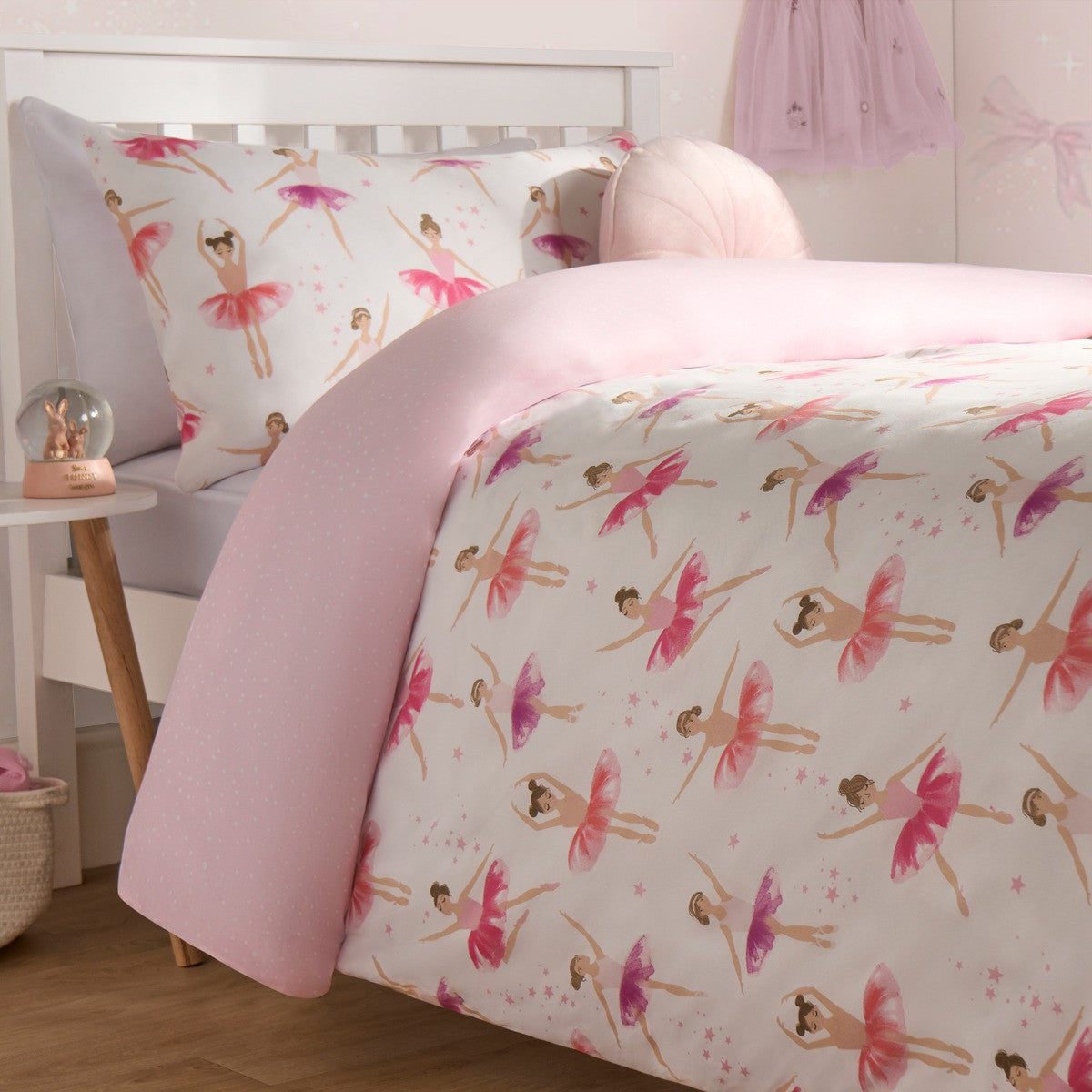 Kids Ballerina Print Reversible Duvet Cover Set - Pink/White