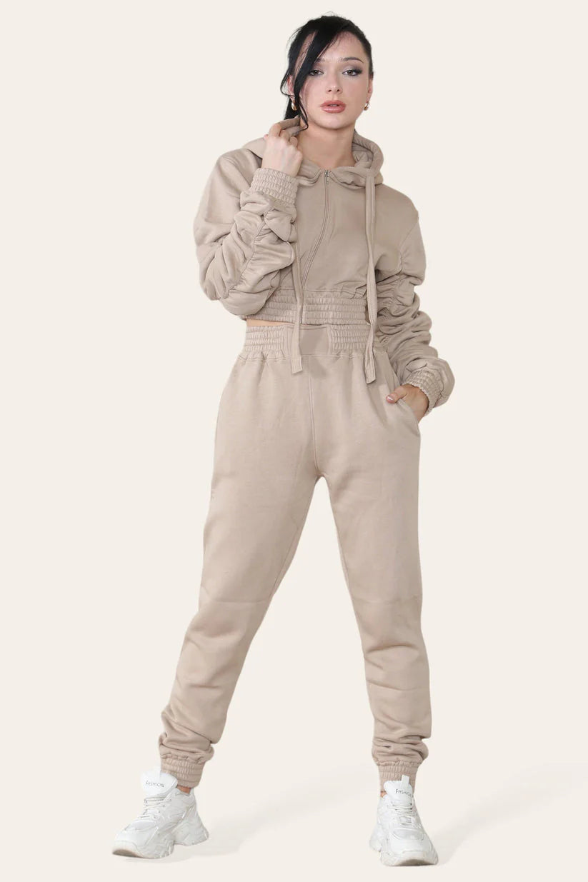 Ruched Sleeves Cropped Hoodie and Cropped Joggers Loungewear Set