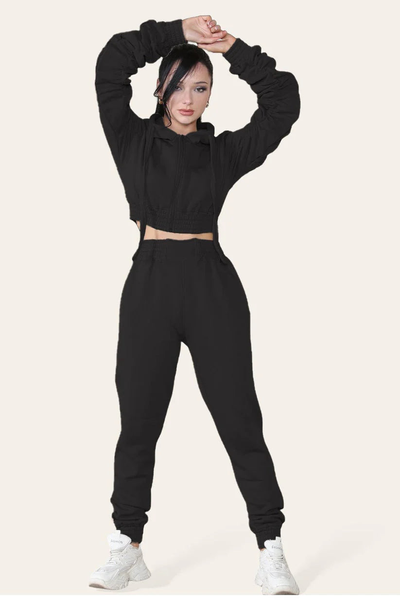 Ruched Sleeves Cropped Hoodie and Cropped Joggers Loungewear Set