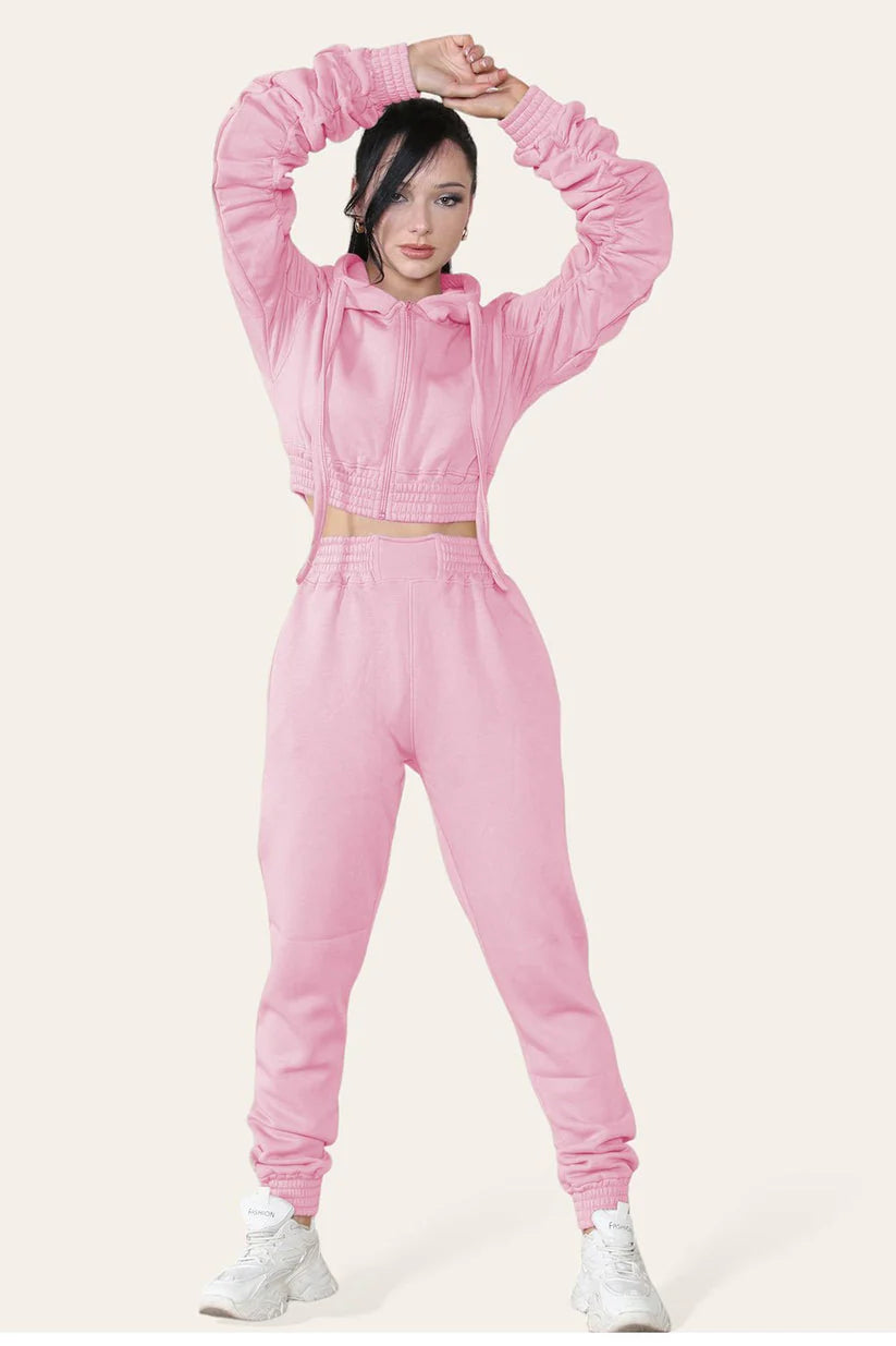 Ruched Sleeves Cropped Hoodie and Cropped Joggers Loungewear Set