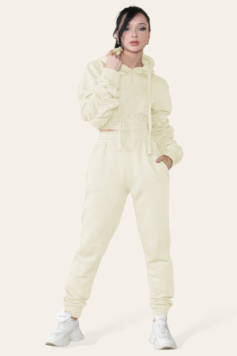 Ruched Sleeves Cropped Hoodie and Cropped Joggers Loungewear Set