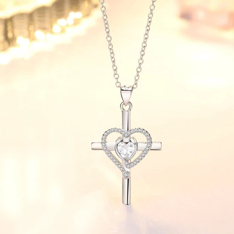 Crystal Heart Cross Pendant Necklace