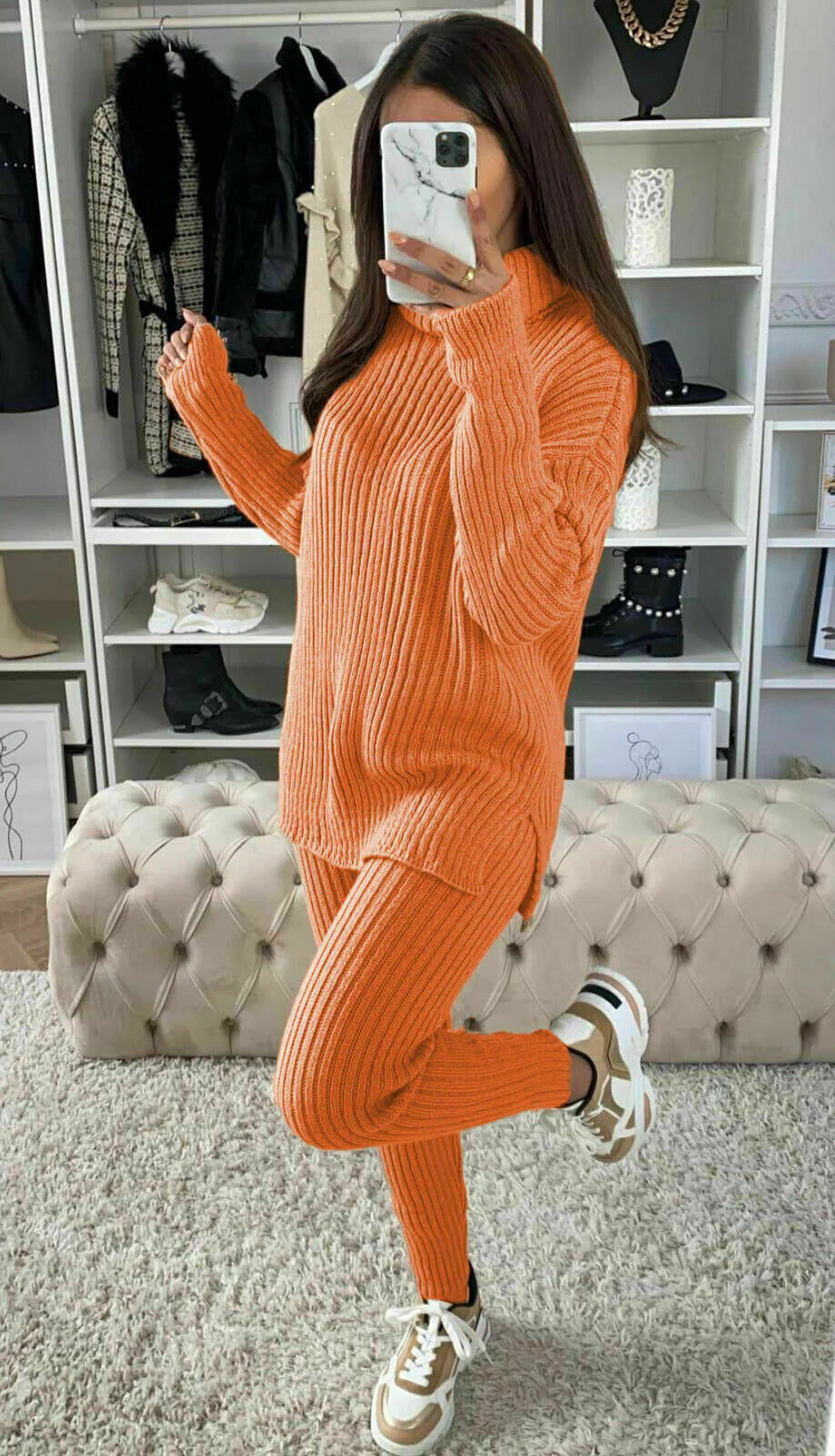 Ladies Ribbed Polo Neck Top and Leggings Loungewear Set