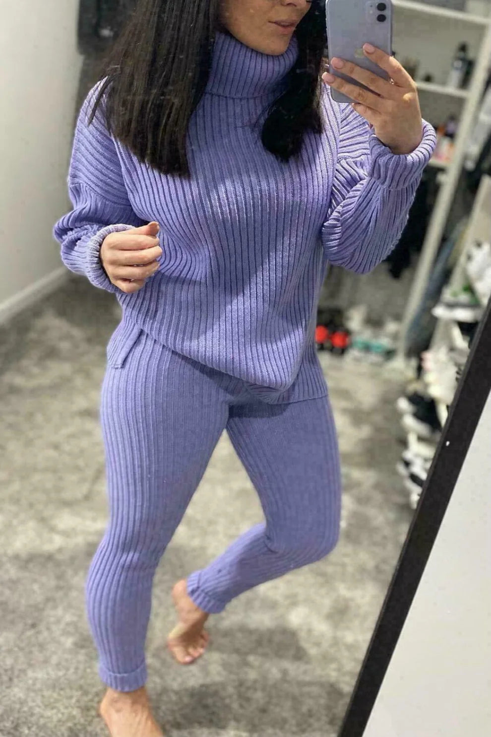 Ladies Ribbed Polo Neck Top and Leggings Loungewear Set