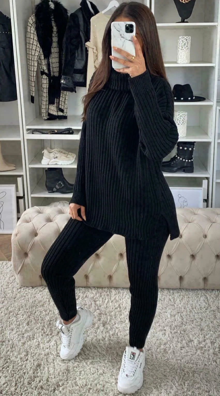Ladies Ribbed Polo Neck Top and Leggings Loungewear Set
