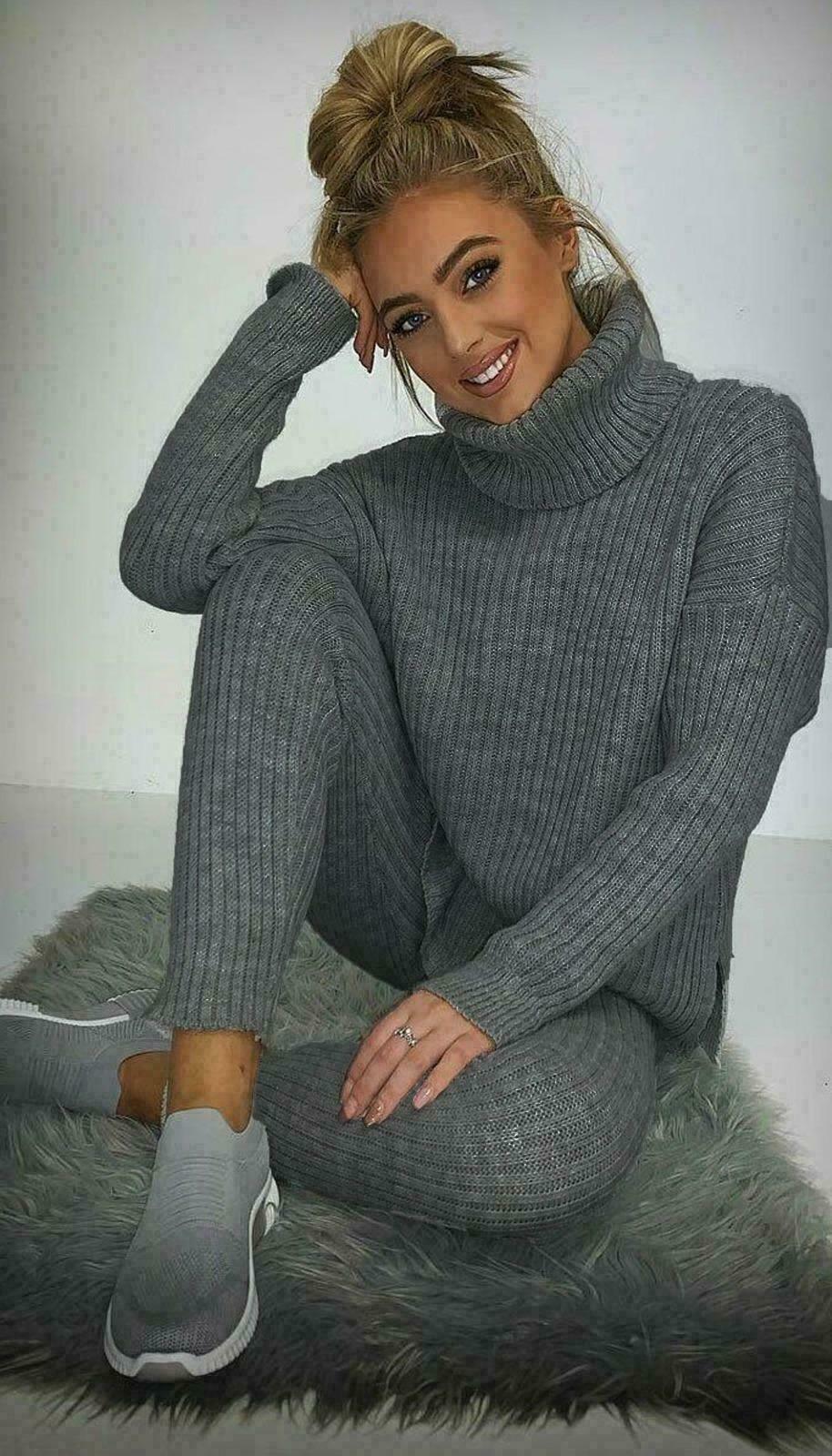 Ladies Ribbed Polo Neck Top and Leggings Loungewear Set