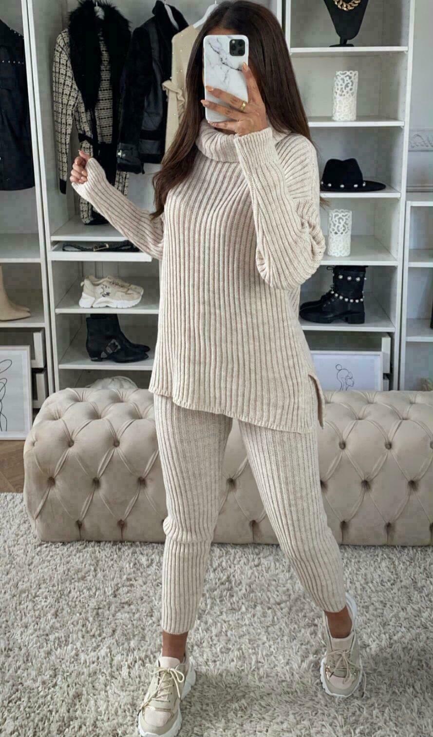 Ladies Ribbed Polo Neck Top and Leggings Loungewear Set