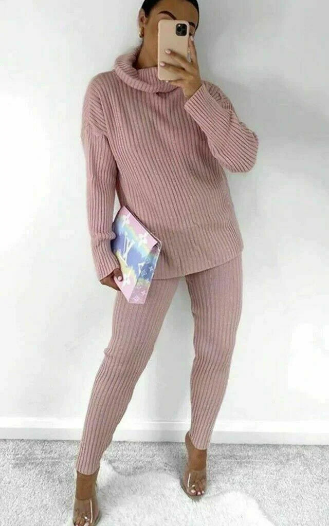 Ladies Ribbed Polo Neck Top and Leggings Loungewear Set