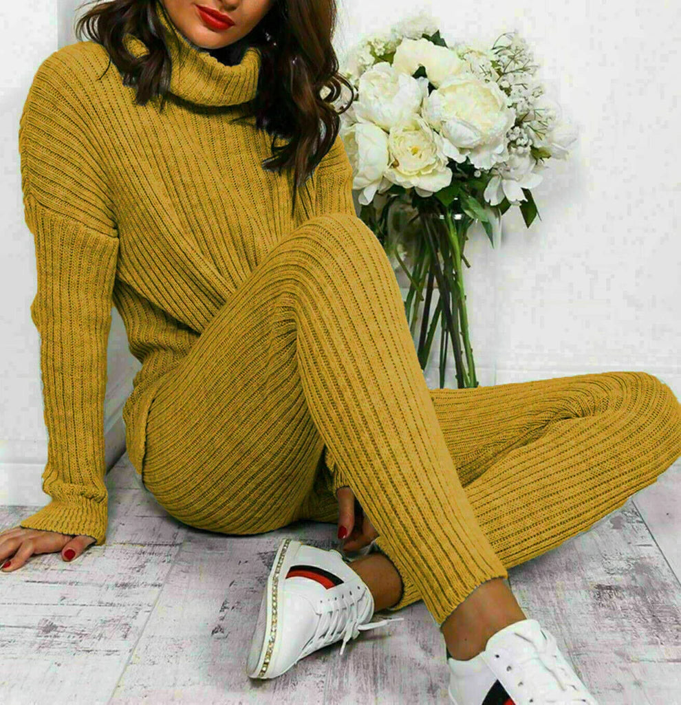 Ladies Ribbed Polo Neck Top and Leggings Loungewear Set