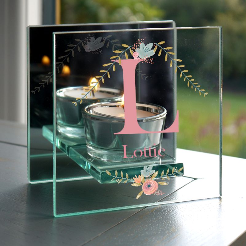 Personalised Floral Bouquet Mirrored Glass Tea Light Candle Holder