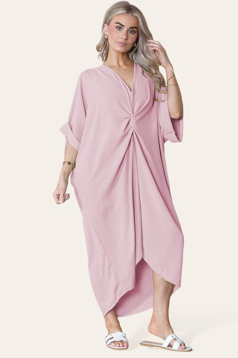 Womens V-Neck Tie Knotted Front Oversized Longline Midi Dress