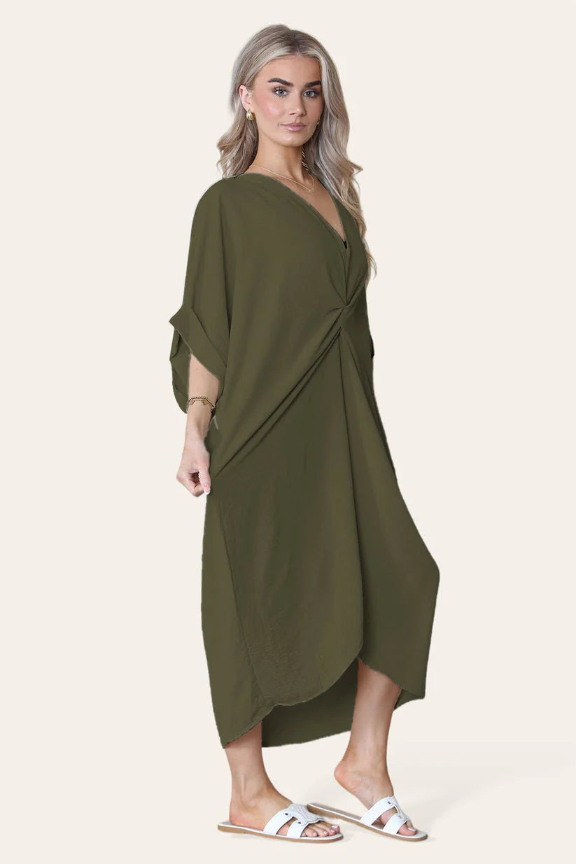 Womens V-Neck Tie Knotted Front Oversized Longline Midi Dress