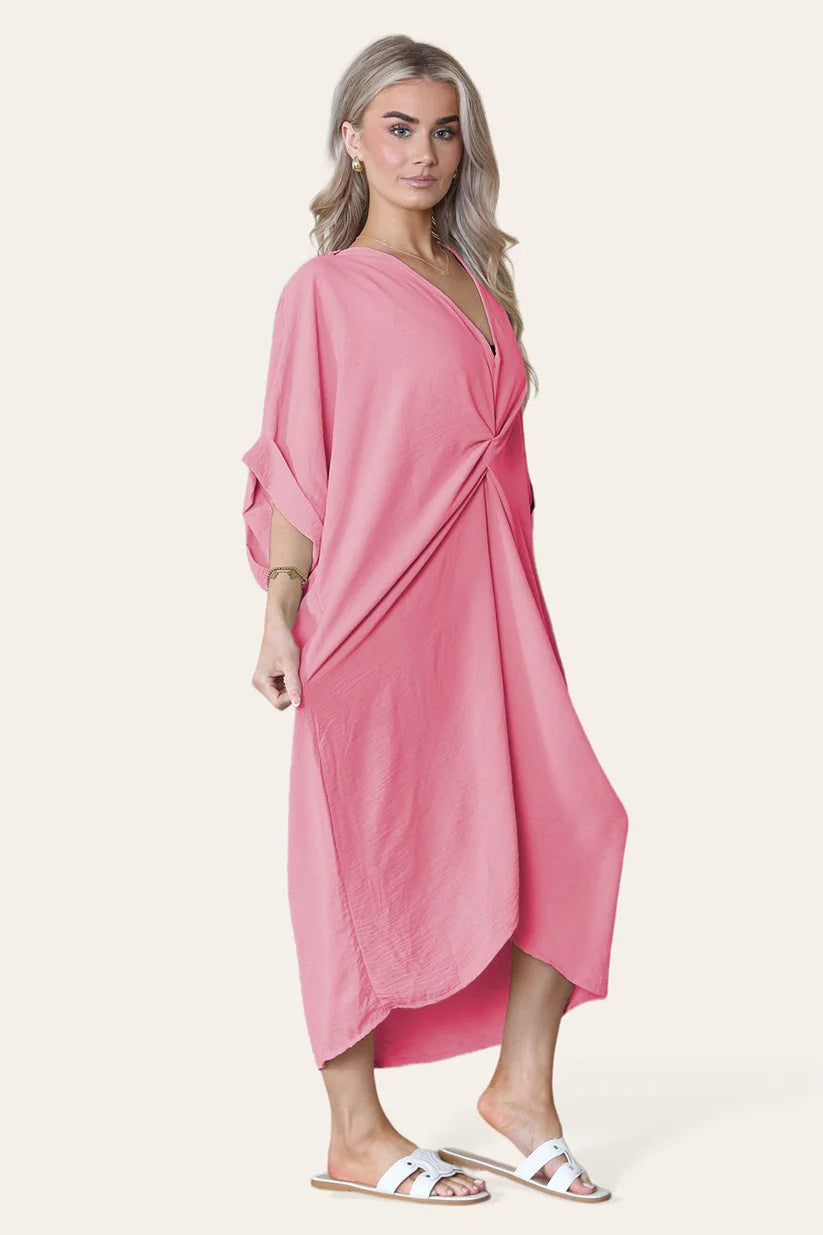Womens V-Neck Tie Knotted Front Oversized Longline Midi Dress