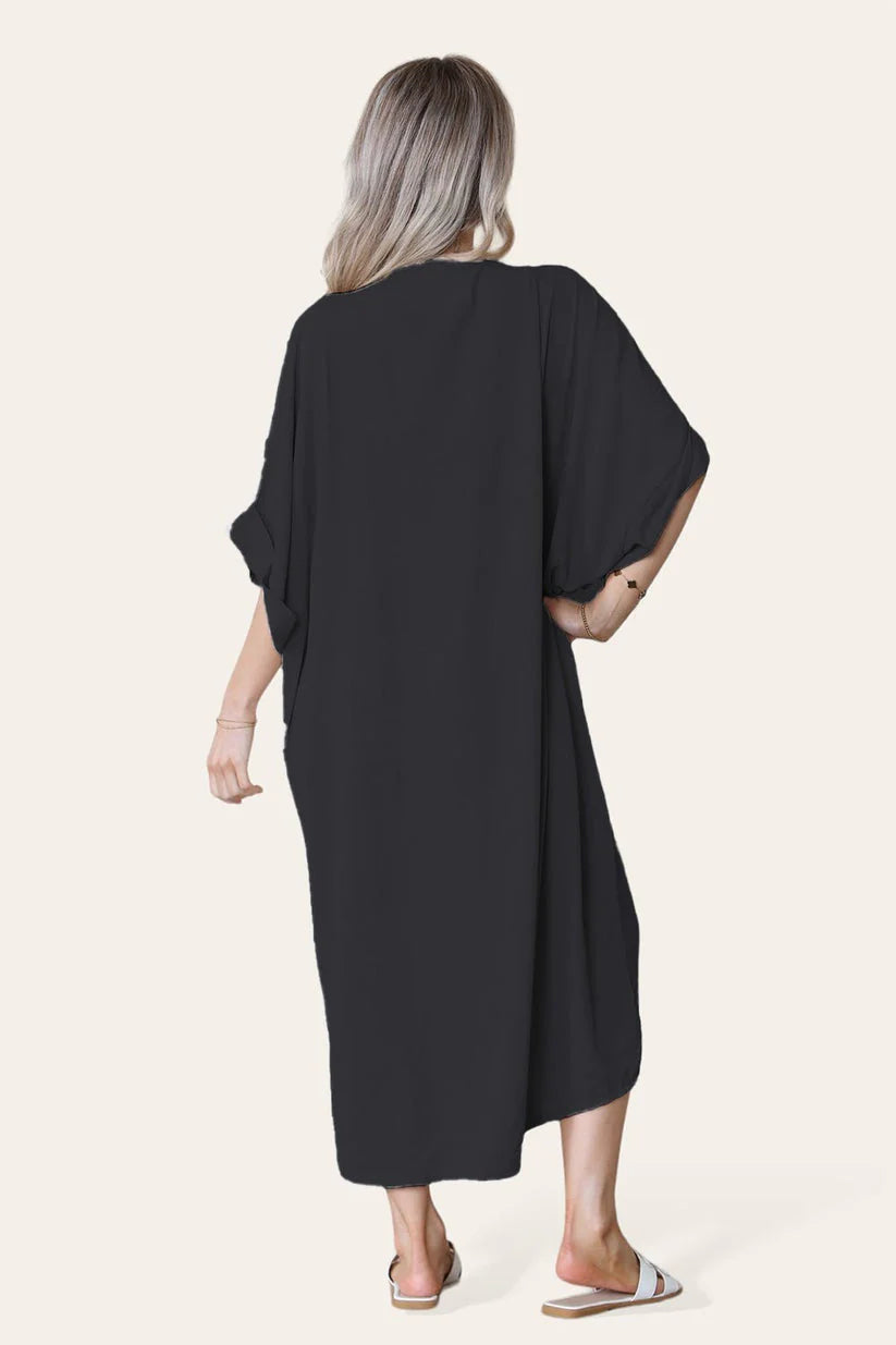 Womens V-Neck Tie Knotted Front Oversized Longline Midi Dress