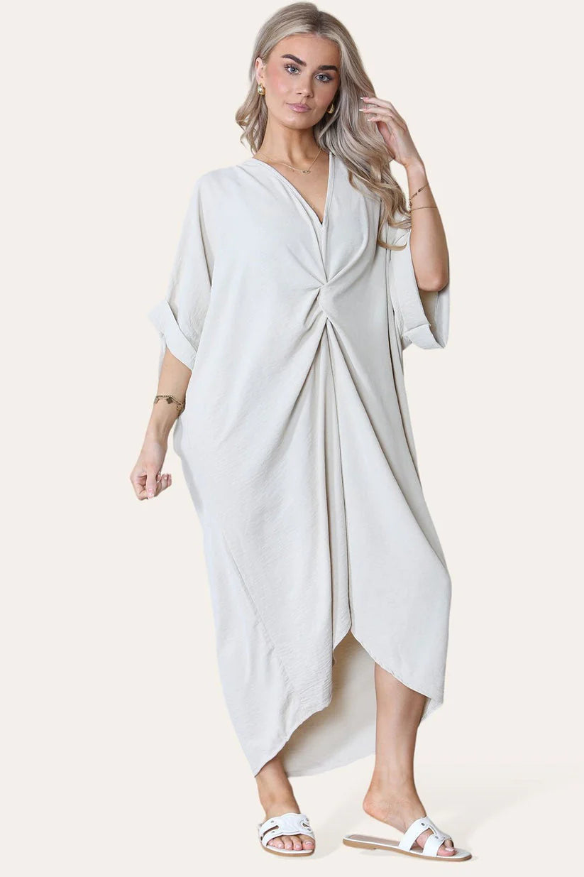 Womens V-Neck Tie Knotted Front Oversized Longline Midi Dress